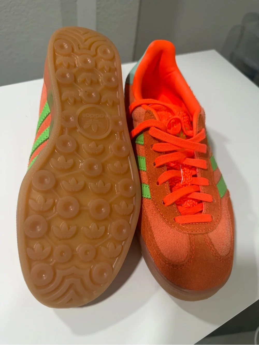 adidas Kids Bright Orange Suede Sneakers with Green Stripes